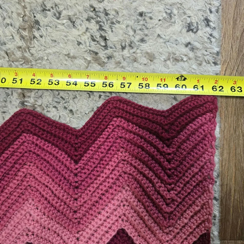 Vintage Crochet Afghan Blanket 88x64 Pink Burgundy Chevron Handmade Throw